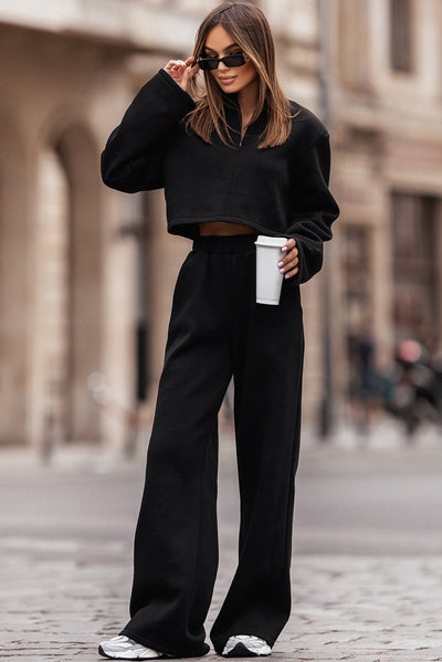 Black Zipped Collared Crop Top and Wide Leg Pants Set-Loungewear-MomFashion