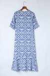 Sky Blue V Neck Casual Geometric Print Maxi Dress-Dresses-MomFashion