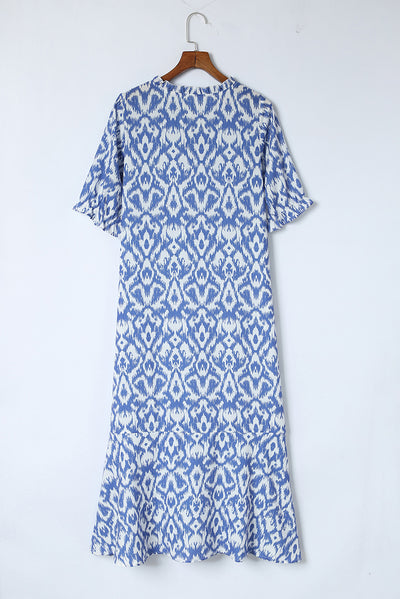 Sky Blue V Neck Casual Geometric Print Maxi Dress-Dresses-MomFashion