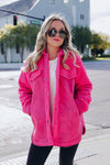 Bright Pink Faux Suede Sherpa Patchwork Button-up Shacket-Outerwear-MomFashion