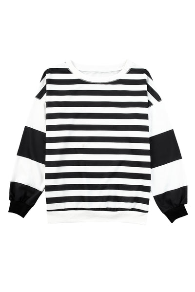 Black Stripe Drop Shoulder Striped Pullover Sweatshirt-Tops-MomFashion