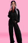 Black Pleated Long Sleeve Shirt and Wide-Leg Pants Set-Loungewear-MomFashion