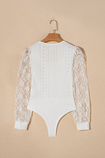 White Frenchy Contrast Lace Bishop Sleeve Bodysuit-Tops-MomFashion