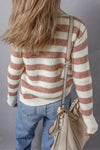 Brown Striped Round Neck Casual Sweater-Tops-MomFashion