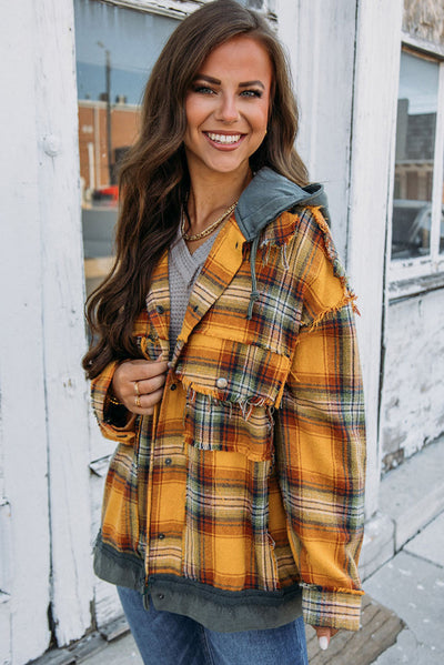 Orange Plaid Patch Hooded Frayed Snap Button Jacket-Outerwear-MomFashion