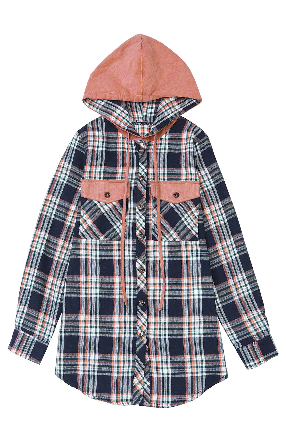 Pink Contrast Hooded Drawstring Plaid Shacket-Outerwear-MomFashion