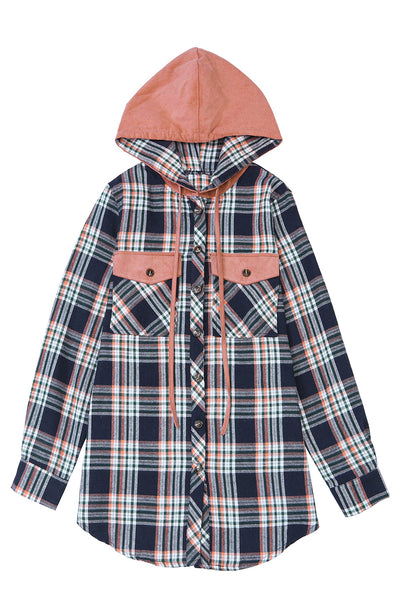 Pink Contrast Hooded Drawstring Plaid Shacket-Outerwear-MomFashion