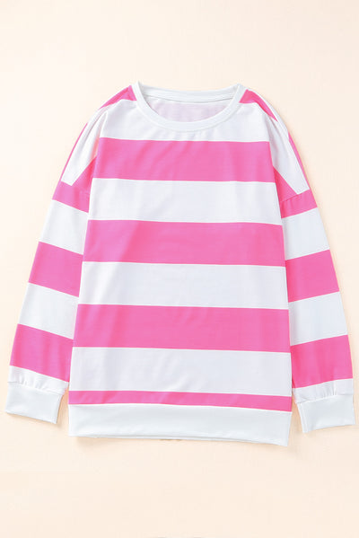 Pink Striped Side Slit Plus Size Sweatshirt-Plus Size-MomFashion