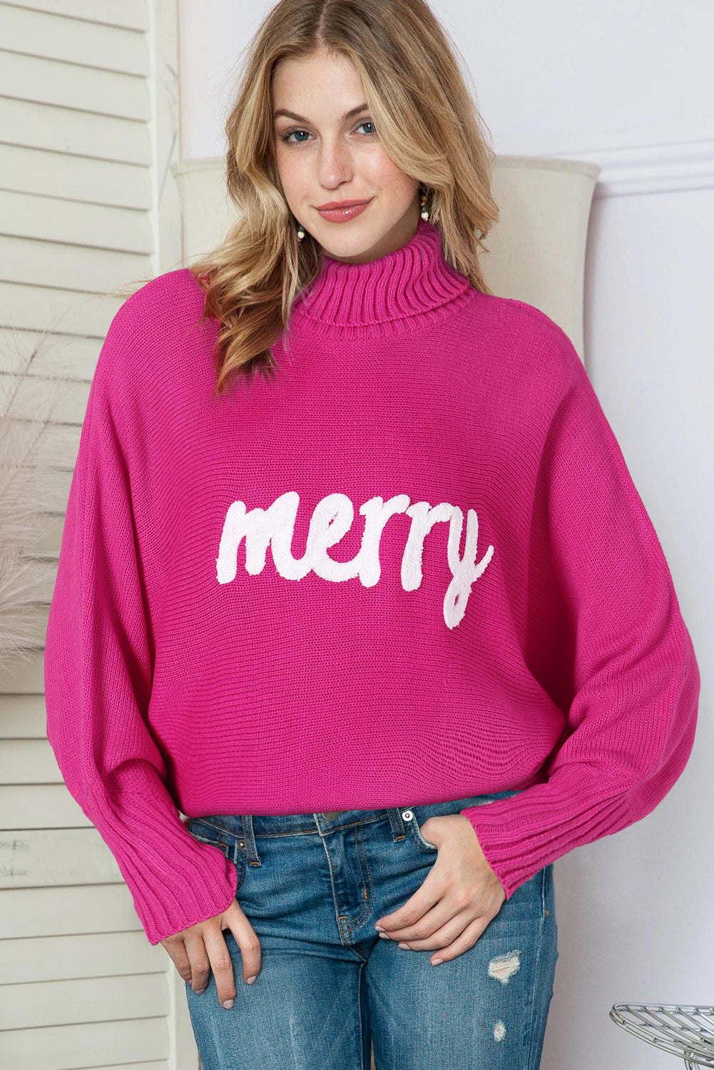 Rose Merry Letter Embroidered High Neck Sweater-Tops-MomFashion