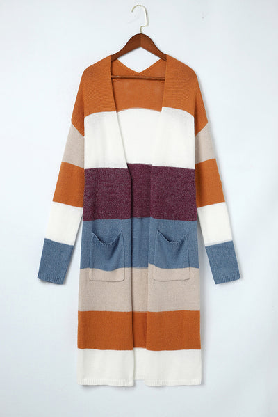 Multicolor Colorblock Open Front Long Knit Cardigan-Tops-MomFashion