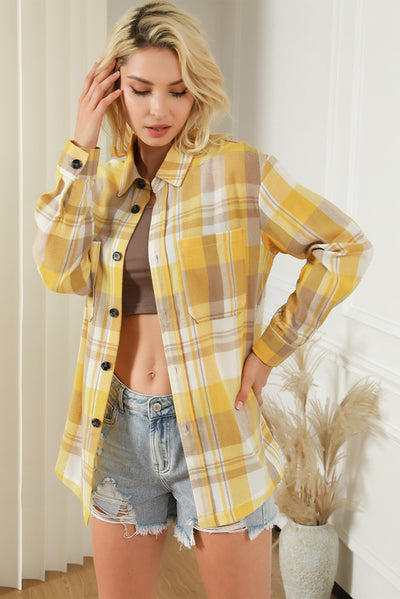 Yellow Plaid Button Up Patch Pocket Shirt-Tops-MomFashion