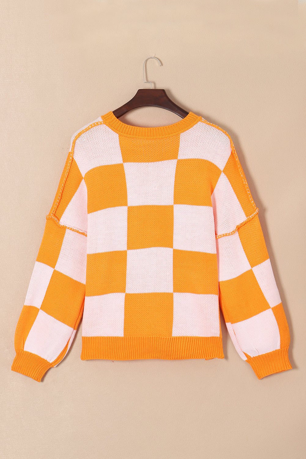 Orange Checkered Bishop Sleeve Sweater-Tops-MomFashion