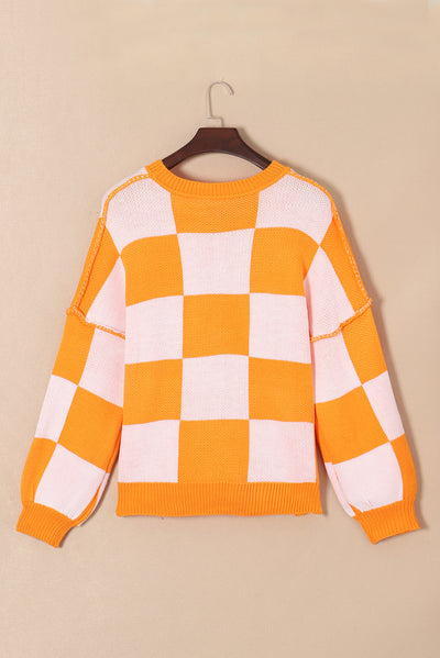 Orange Checkered Bishop Sleeve Sweater-Tops-MomFashion