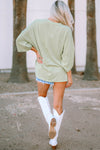 Green Ribbed Roll-tab Sleeve Chest Pocket Oversize Top-Tops-MomFashion