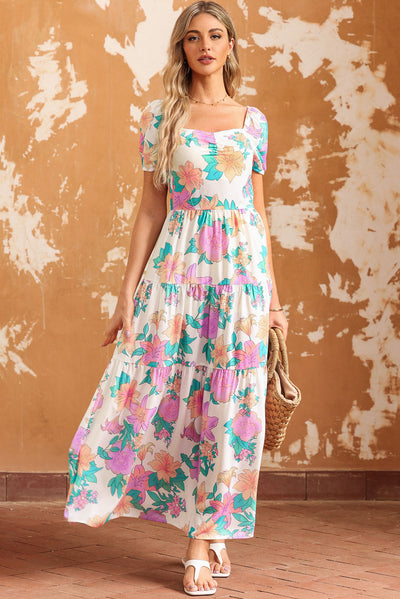 Multicolor Square Neck Puff Sleeve Tiered Floral Maxi Dress-Dresses-MomFashion