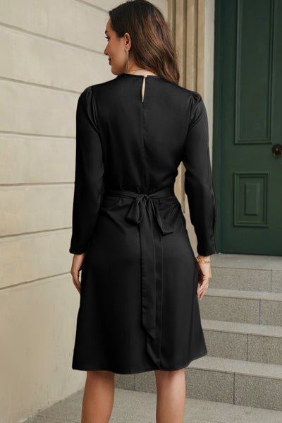 Black Twist Front Tie Back Long Sleeve Satin Dress-Dresses-MomFashion