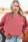 Strawberry Pink Ribbed Corded Oversized Sweatshirt-Tops-MomFashion