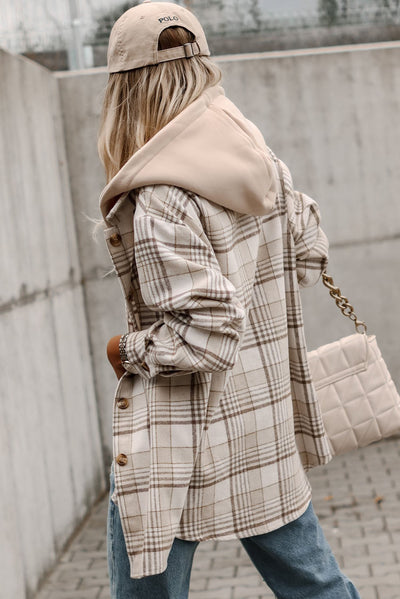 Khaki Plaid Removable Hood Buttoned Shacket-Outerwear-MomFashion