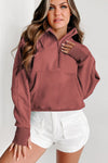 Brown Zip Up Stand Collar Ribbed Thumbhole Sleeve Sweatshirt-Tops-MomFashion