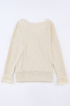 Apricot Ribbed Texture Lace Trim V Neck Long Sleeve Top-Tops-MomFashion