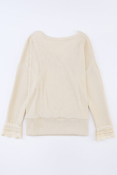 Apricot Ribbed Texture Lace Trim V Neck Long Sleeve Top-Tops-MomFashion