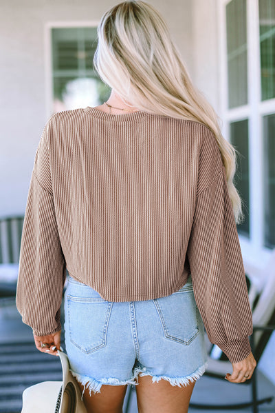 Khaki Cording Drop Shoulder Puff Sleeve Casual Long Sleeve Top-Tops-MomFashion