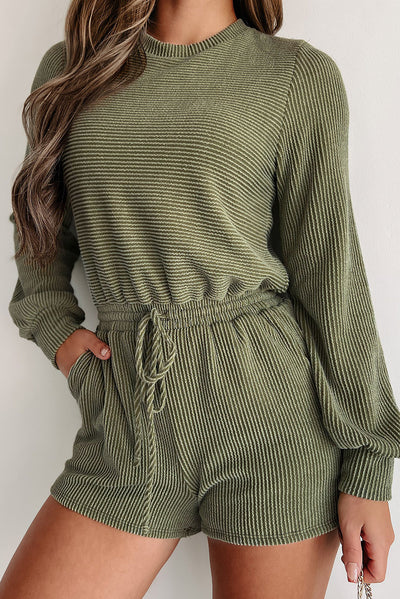 Jungle Green Corded Pullover Long Sleeve Drawstring Romper-Bottoms-MomFashion