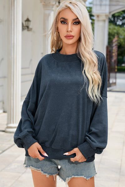 Sky Blue Drop Shoulder Crew Neck Pullover Sweatshirt-Tops-MomFashion