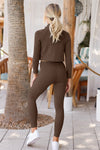 Brown Ribbed Knit 3pcs Sports Set-Activewear-MomFashion