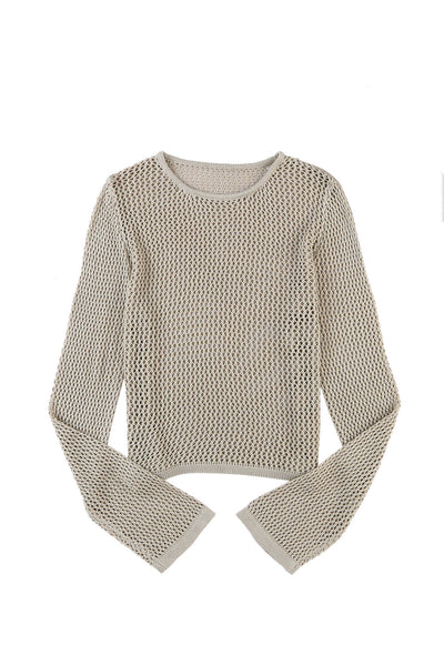 Khaki Hollow-out Knit Long Sleeve Top-Tops-MomFashion