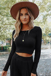 Black Solid Color Ribbed Crop Top Long Pants Set-Loungewear-MomFashion