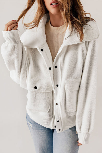 White Button Flap Pocket Spread Collar Fleece Jacket-Outerwear-MomFashion