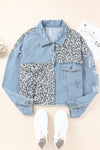 Blue Plus Size Leopard Ripped Cropped Denim Jacket-Plus Size-MomFashion