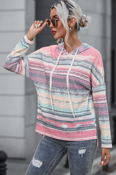 Multicolor Striped Print Cable Knit Drop Shoulder Hoodie-Tops-MomFashion