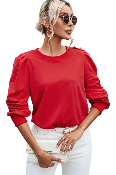 Fiery Red Button Tab Detail Long Sleeve Top-Tops-MomFashion