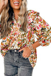 Multicolour Abstract Print 3/4 Puff Sleeve Ruffle Blouse-Tops-MomFashion