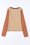 Brown Expose Seam Color Block Ribbed Knit Top-Tops-MomFashion