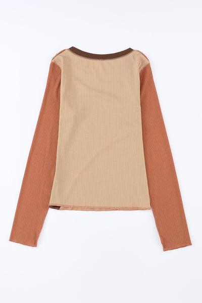 Brown Expose Seam Color Block Ribbed Knit Top-Tops-MomFashion