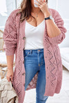 Pink Open Knit Button-Up Plus Size Cardigan-Plus Size-MomFashion