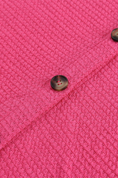 Pink Waffle Knit Button Up Casual Shirt-Tops-MomFashion