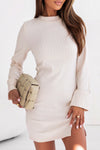 Apricot Tactile Texture Split Long Sleeve Knit Dress-Dresses-MomFashion