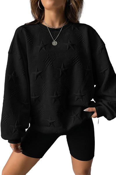 Black Star Embossed Textured Drop Shoulder Sweatshirt-Tops-MomFashion