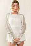 White Exposed Seam Textured Patch Buttoned Sleeve Top-Tops-MomFashion