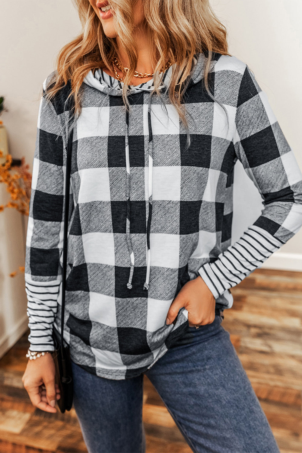 Multicolour Plaid Striped Patchwork Drawstring Hoodie-Tops-MomFashion