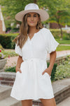 White Puff Sleeve Drawstring Shirt Dress with Pockets-Dresses-MomFashion