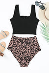 Black Square Neck Sleeveless Fashion Print Tankini Set-Swimwear-MomFashion