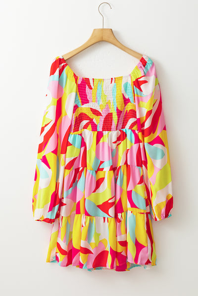 Multicolor Abstract Print Puff Sleeve Smocked Square Neck Dress-Dresses-MomFashion