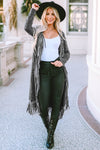 Black Fringed Hem Pocketed Open Cardigan-Tops-MomFashion