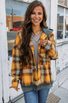 Orange Plaid Patch Hooded Frayed Snap Button Jacket-Outerwear-MomFashion