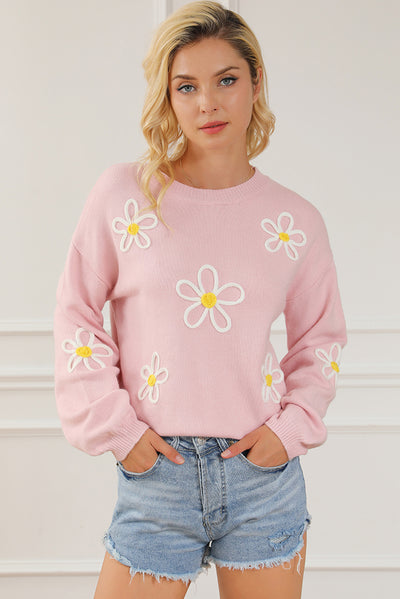 Pink Chenille Daisy Stitching Crew Neck Sweater-Tops-MomFashion